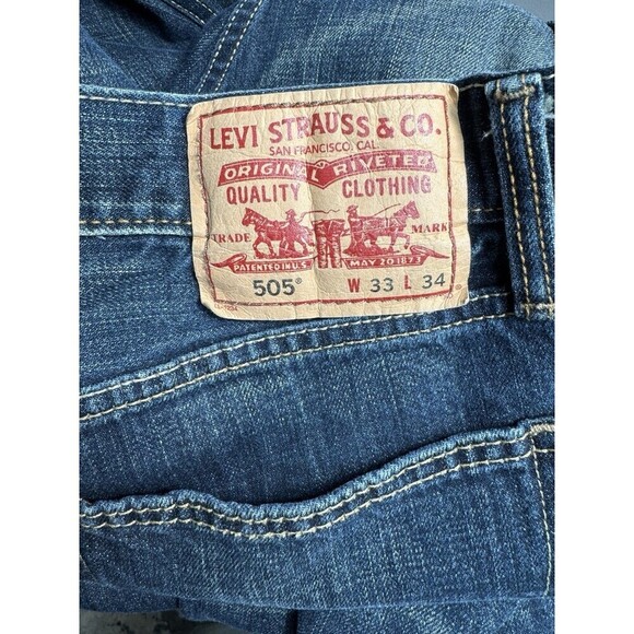 Levis 505 Jeans Mens 33x34 Blue Regular Straight Leg Denim 100% Cotton Dark Wash - Picture 6 of 11